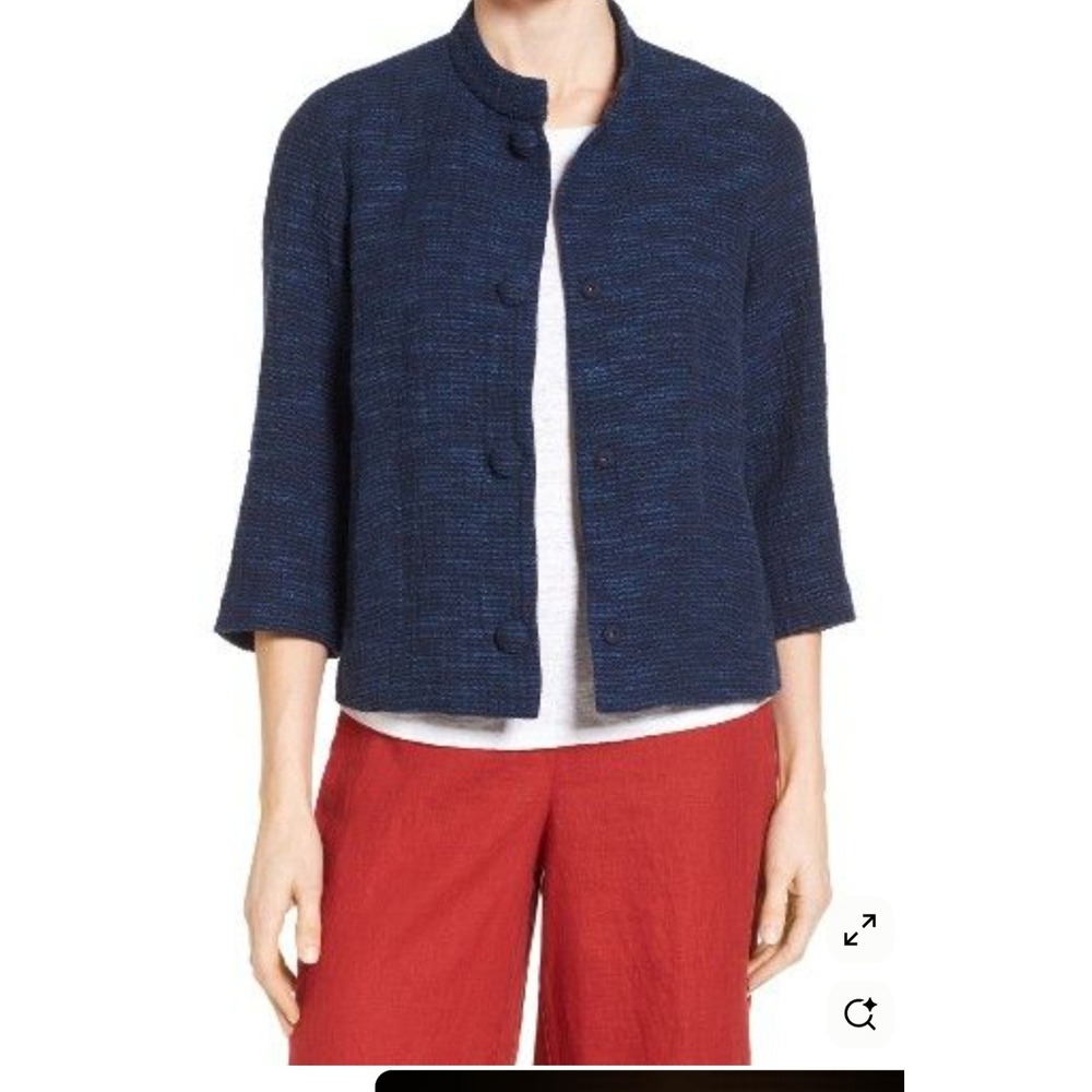 Eileen Fisher Jacket Blazer L 12/14‎ Rys Woven Mandarin Collar Boxy Blue Asian